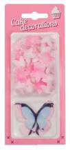 Essbare Papierdekorationen Rosa und blaue Schmetterlinge und rosa Miniblumen (30 Stück)