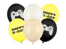 PartyDeco balóniky bielej, žltej a čiernej s herným motívom Happy B-Day (6 ks)