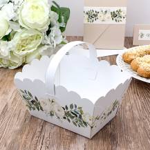 Svadobný košíček na pečivo biely s bielymi ružami (13 x 9 x 9,5 cm)