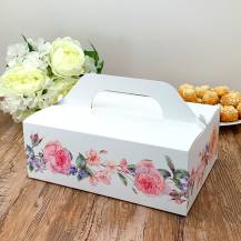 Pudełko na świadczenia ślubne białe w kwiaty (26 x 18 x 9,5 cm)
