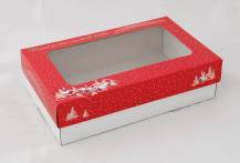 Vianočné krabice na cukroví červená s chalúpkami (25 x 15 x 7 cm)