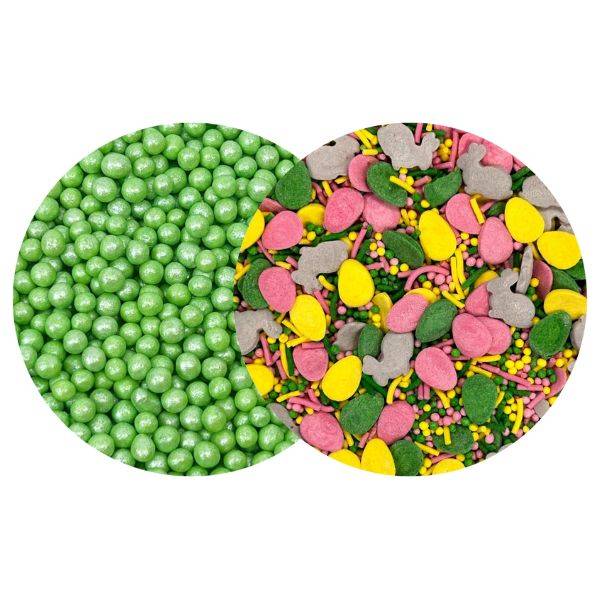 4Cake Cukrovo-rýžové perly zelené perleťové 5 mm a cukrové zdobení Easter Miracle (100 g)