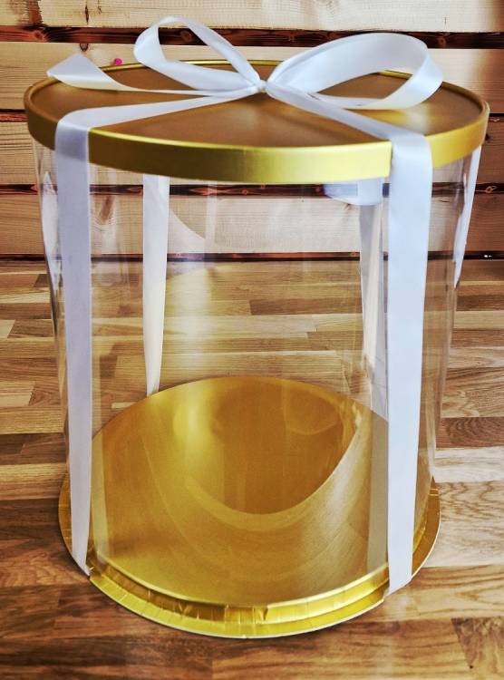 4Cake Plastový kulatý box na dorty zlatý bez stuhy (26 x 26 x 31 cm)