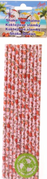 Alvarak Koktejlová brčka papírová růžová s květinami (10 ks)