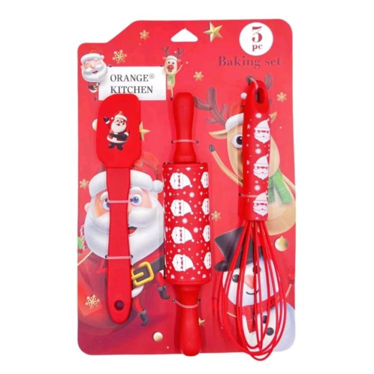 Cukrářská sada stěrka, váleček a šlehací metla červená s vánočním motivem (3 ks)