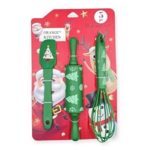 Cukrářská sada stěrka, váleček a šlehací metla zelená s vánočním motivem (3 ks)