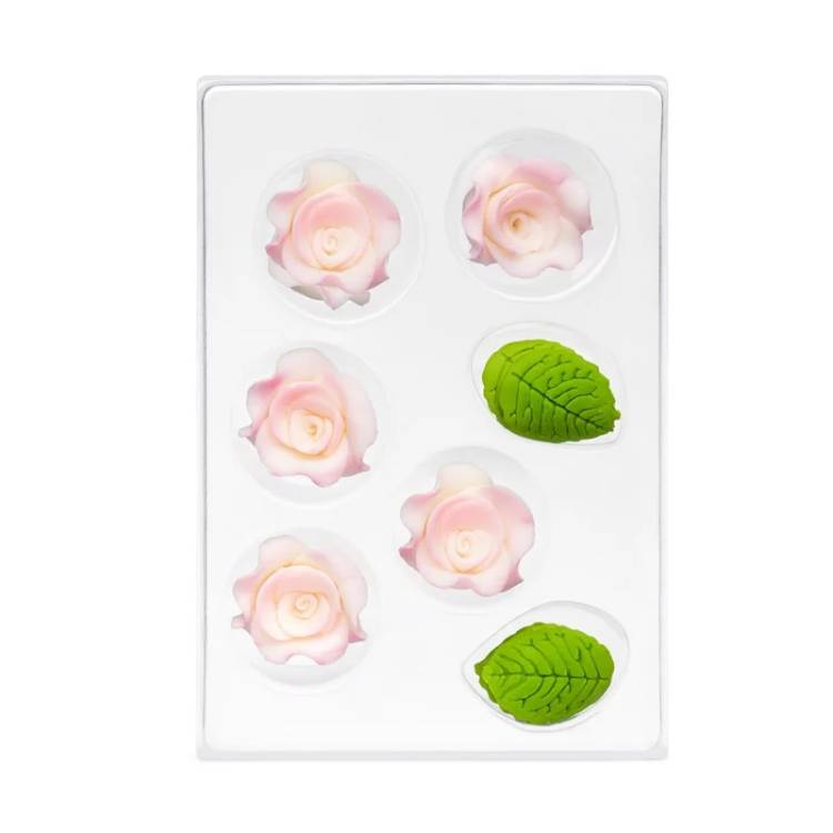 Cukrová dekorace Růže malá bílo-růžová s lístky (11 ks)