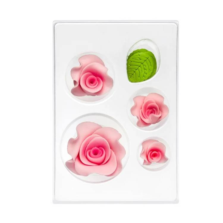 Cukrová dekorace Růže růžová s lístky (14 ks)