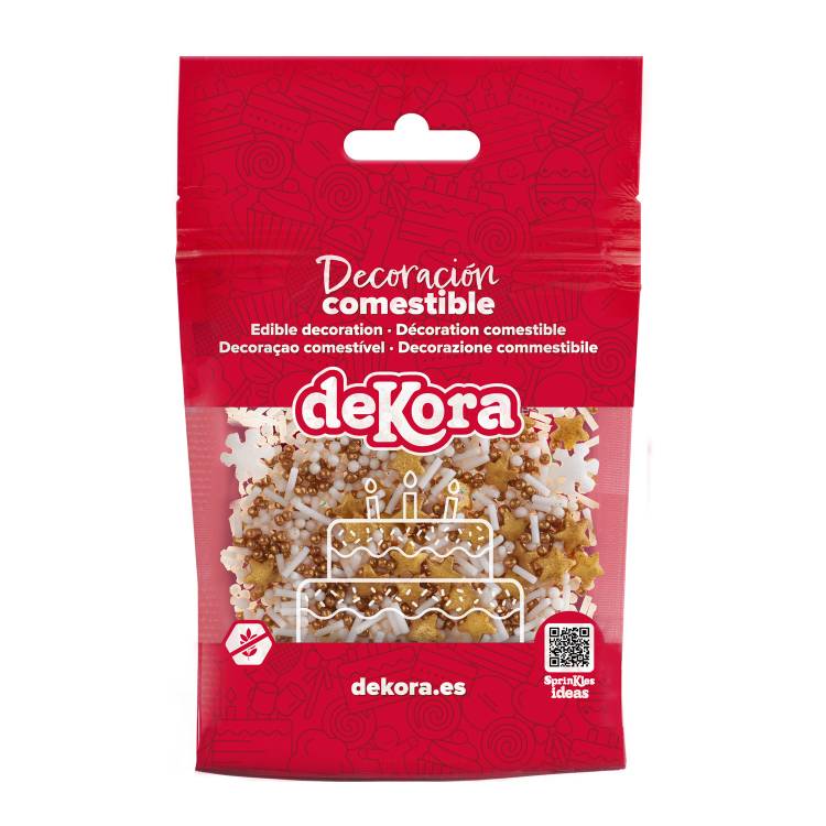 Dekora cukrové zdobení Sněhové vločky bílé a hvězdičky zlaté (100 g)