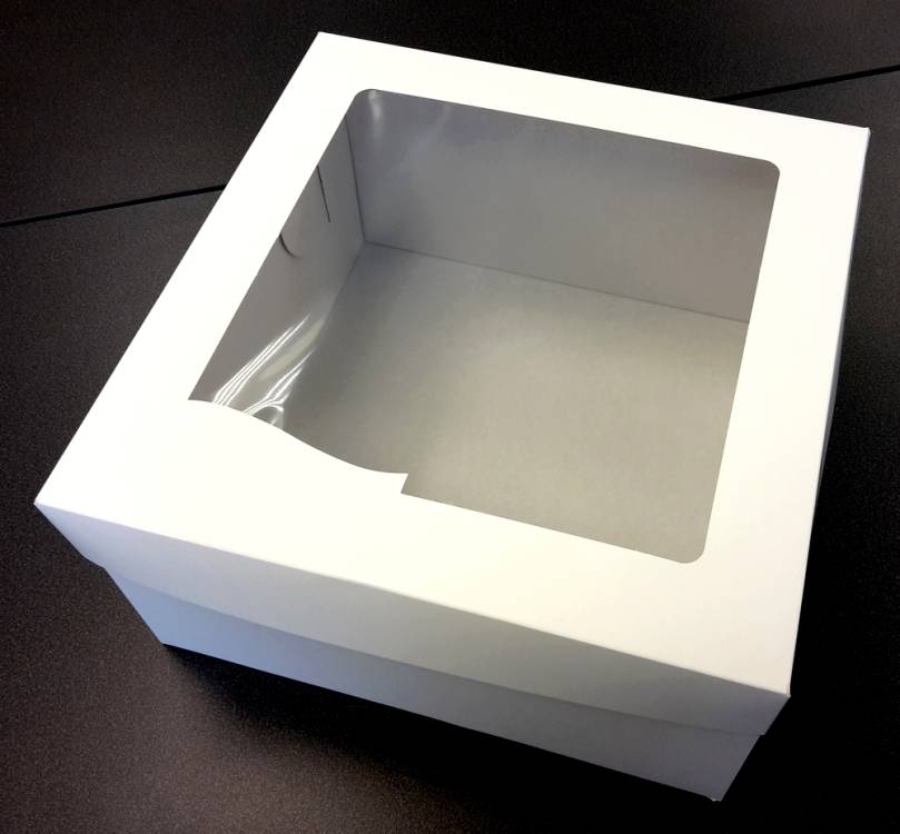 Dortová krabice bílá čtvercová s okénkem (34,7 x 34,7 x 19,5 cm)