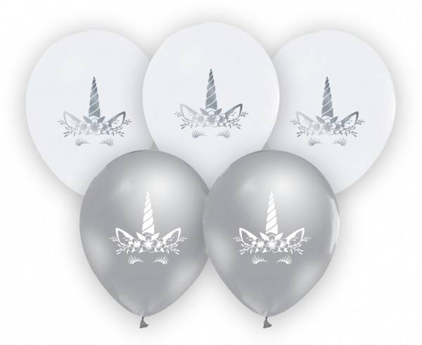 Godan balónky bílé a stříbrné s motivem jednorožce (5 ks)