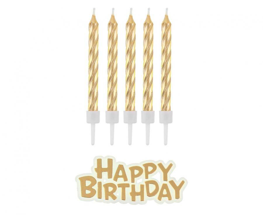 Godan svíčky zlaté s nápisem Happy Birthday (16 ks)