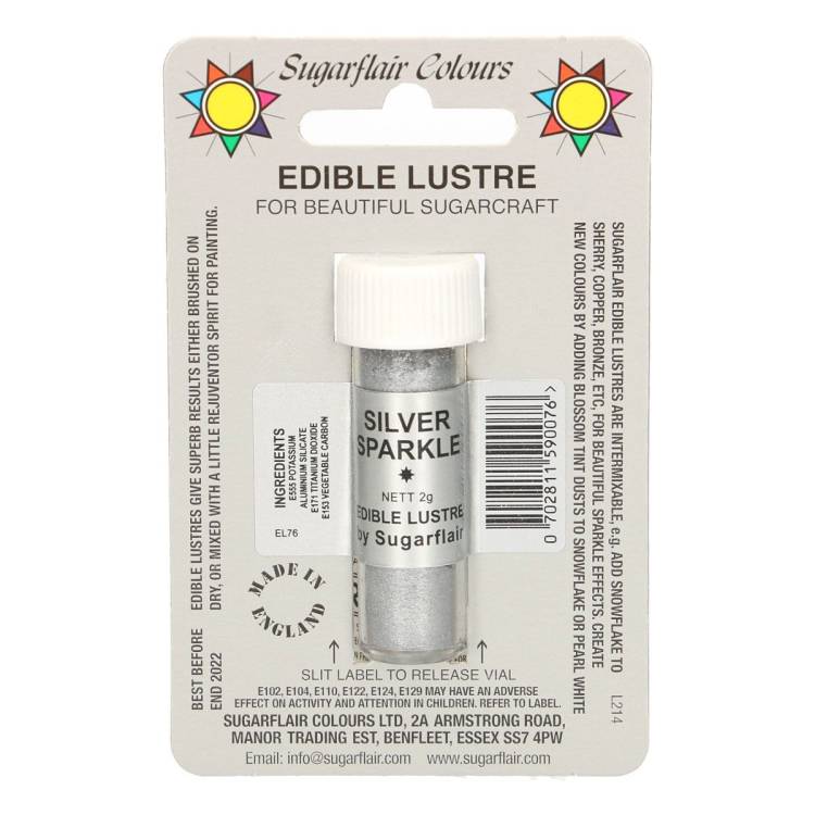 Jedlá prachová perleťová barva Sugarflair (2 g) Silver Sparkle (Bez E171)