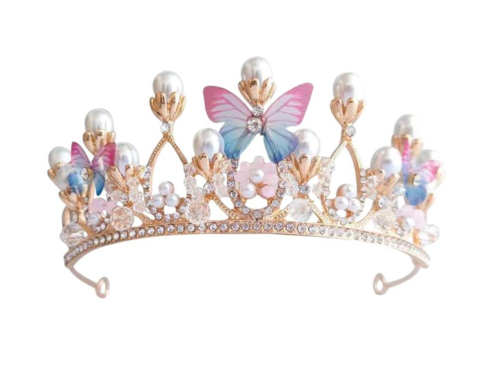 Nejedlá dekorace kovová Koruna zlatá s perlami a motýlky
