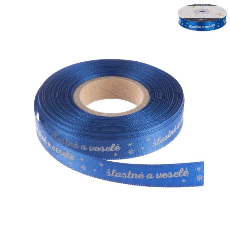 Orion Vánoční stuha modrá Šťastné a veselé 15 mm x 25 m (1 ks)