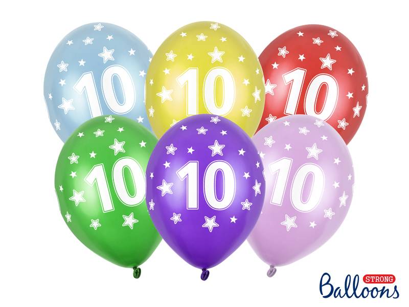 PartyDeco balónky barevné metalické 10. narozeniny (6 ks, náhodné barvy)