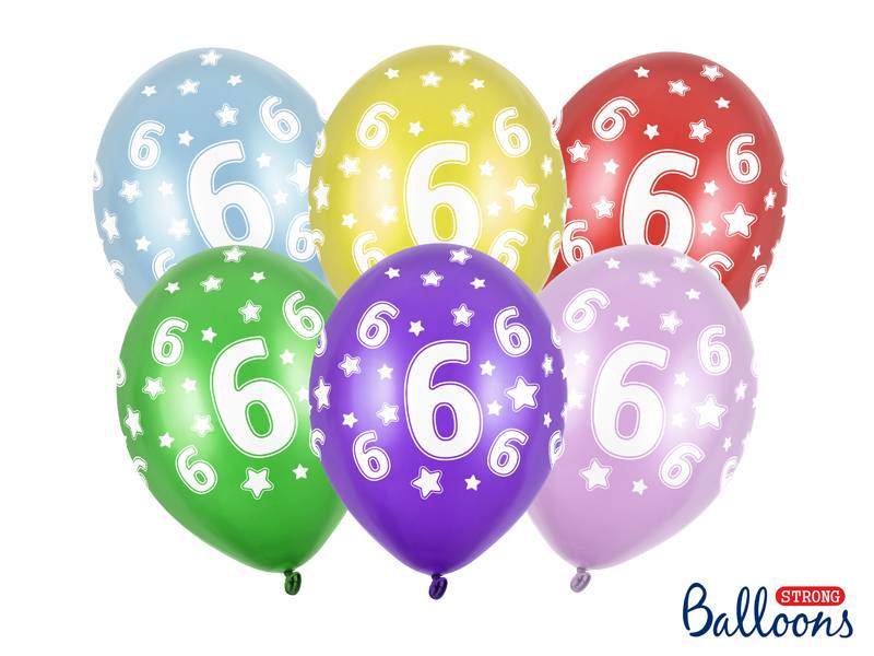 PartyDeco balónky barevné metalické 6. narozeniny (6 ks, náhodné barvy)