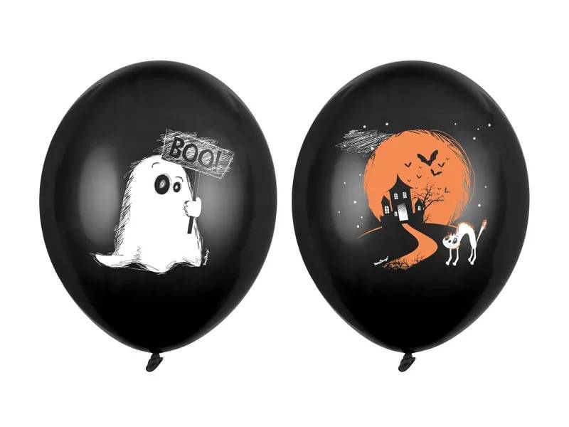 PartyDeco balónky černé s oboustranným potiskem Duch a strašidelný dům (6 ks)