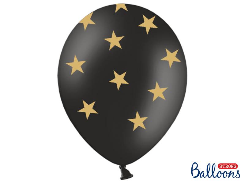 PartyDeco balónky černé se zlatými hvězdami (6 ks)