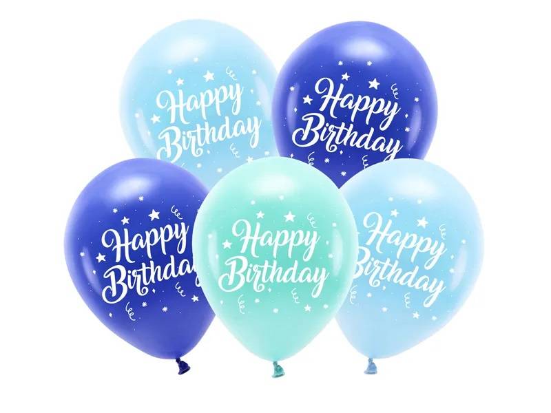 PartyDeco Eco balónky modré a tyrkysové Happy Birthday (5 ks)
