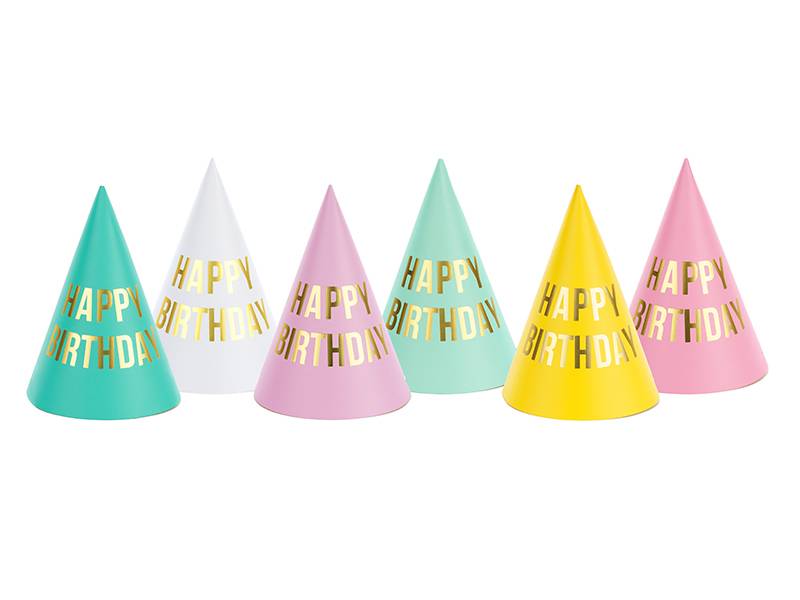 PartyDeco party čepičky pastelové Happy Birthday (6 ks)