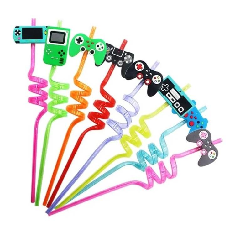 Plastová barevná brčka spirálová s herními motivy (4 ks)