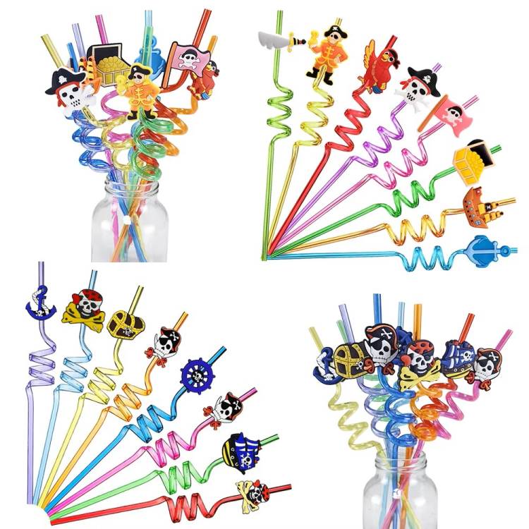 Plastová barevná brčka spirálová s pirátskými motivy (4 ks)