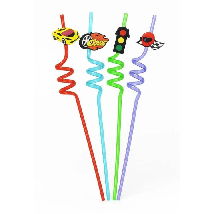 Plastová barevná brčka spirálová se závodními motivy (4 ks)