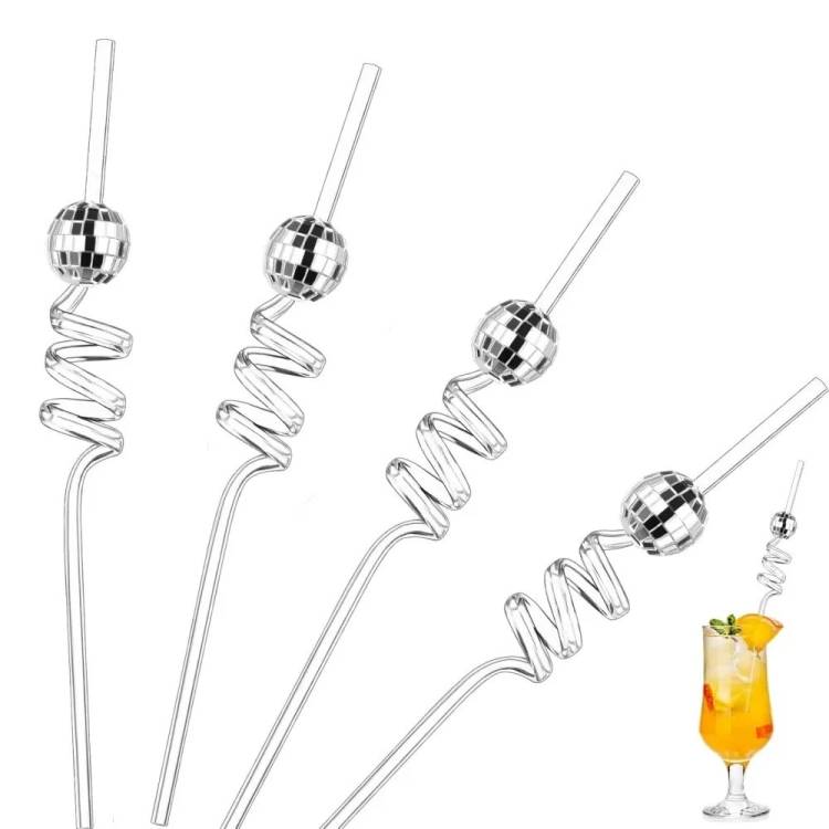 Plastová průhledná brčka spirálová se stříbrnými disko koulemi (4 ks)