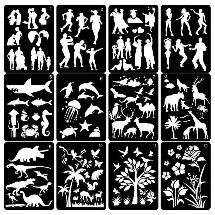 Stencily Lidé, zvířata a květiny (12 ks)