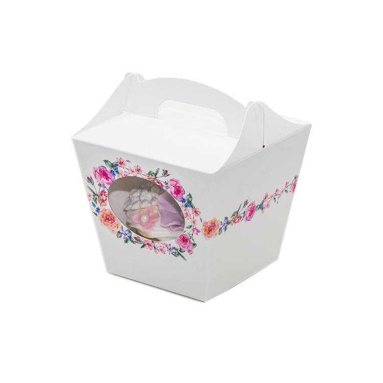 Svatební krabička na cupcake bílá s květinami (7,5 x 7,5 x 9,3 cm)