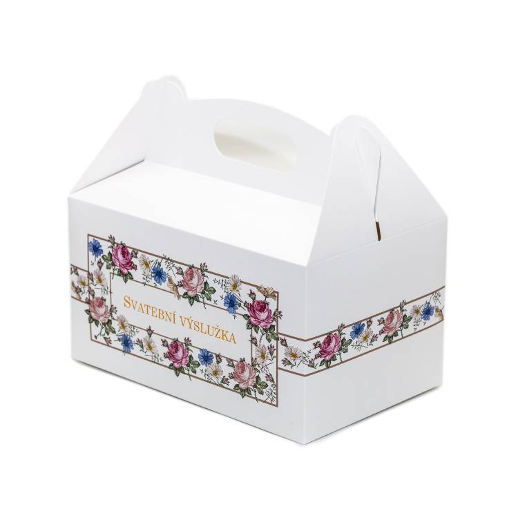 Svatební krabička na výslužku bílá s květinami (20 x 13 x 11 cm)