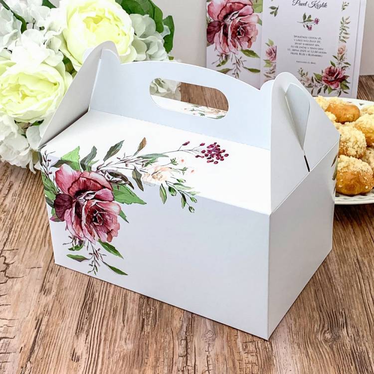 Svatební krabička na výslužku bílá s růží (20 x 13 x 11 cm)