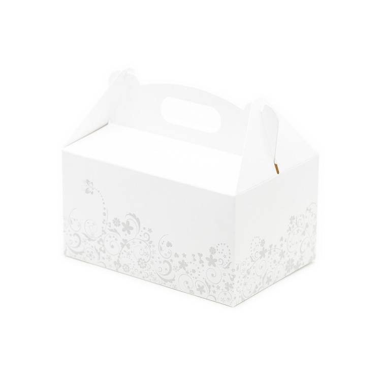 Svatební krabička na výslužku bílá s šedým zdobením (13 x 9 x 7 cm)