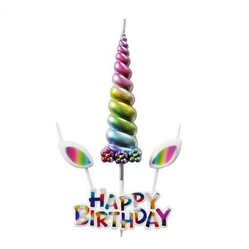 Svíčka Happy Birthday s jednorožčím rohem a ušima