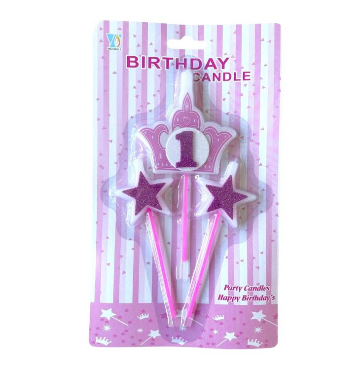 Svíčky koruna růžová s číslem 1 a hvězdičky růžové
