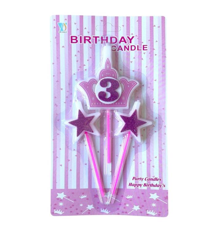 Svíčky koruna růžová s číslem 3 a hvězdičky růžové