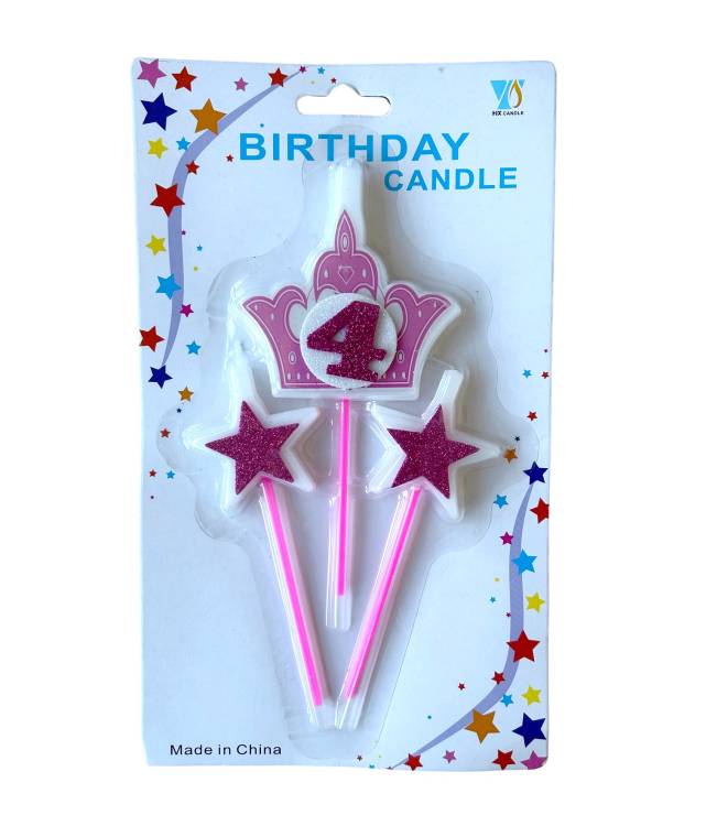 Svíčky koruna růžová s číslem 4 a hvězdičky růžové