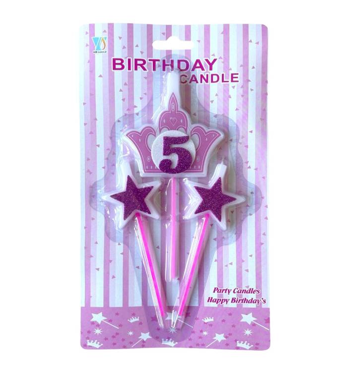 Svíčky koruna růžová s číslem 5 a hvězdičky růžové