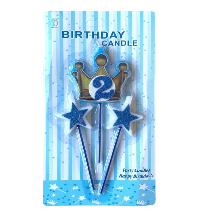 Svíčky koruna zlato-modrá s číslem 2 a hvězdičky modré