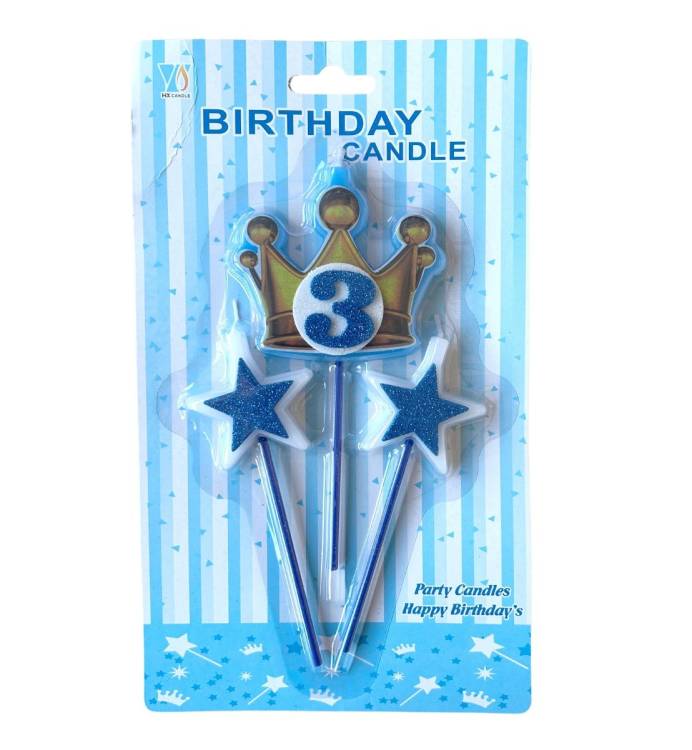 Svíčky koruna zlato-modrá s číslem 3 a hvězdičky modré
