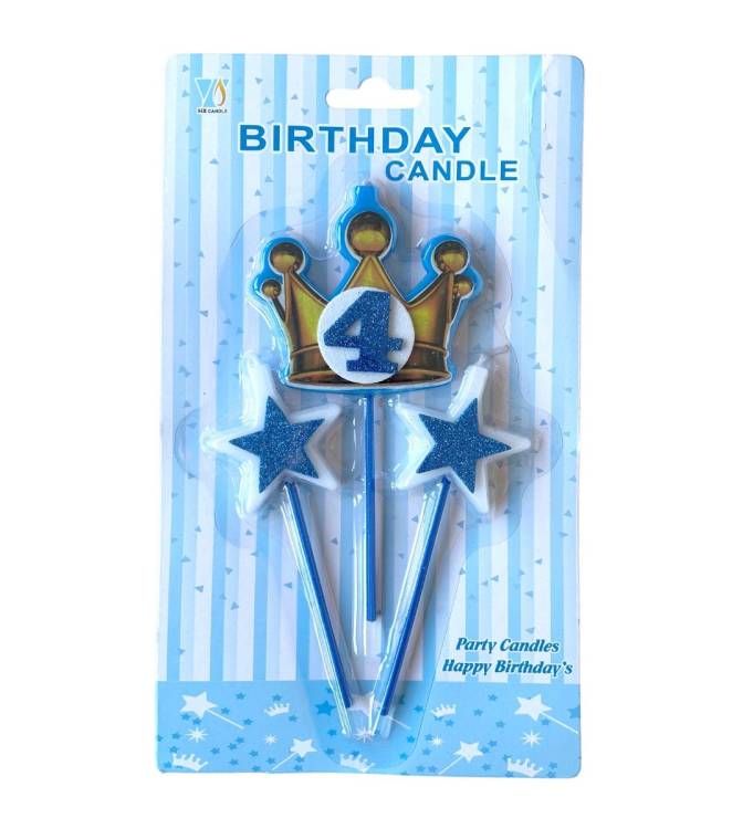Svíčky koruna zlato-modrá s číslem 4 a hvězdičky modré