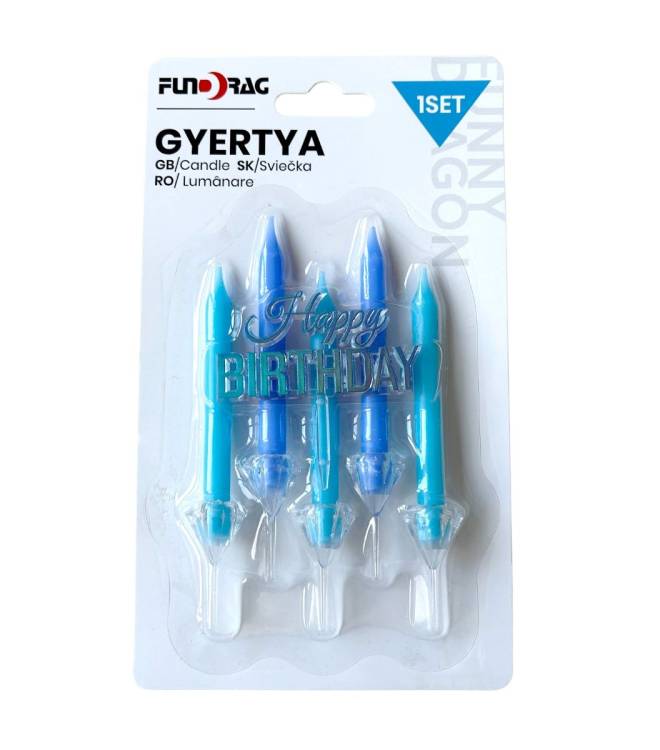Svíčky modré se zápichem do dortu Happy Birthday (6 ks)