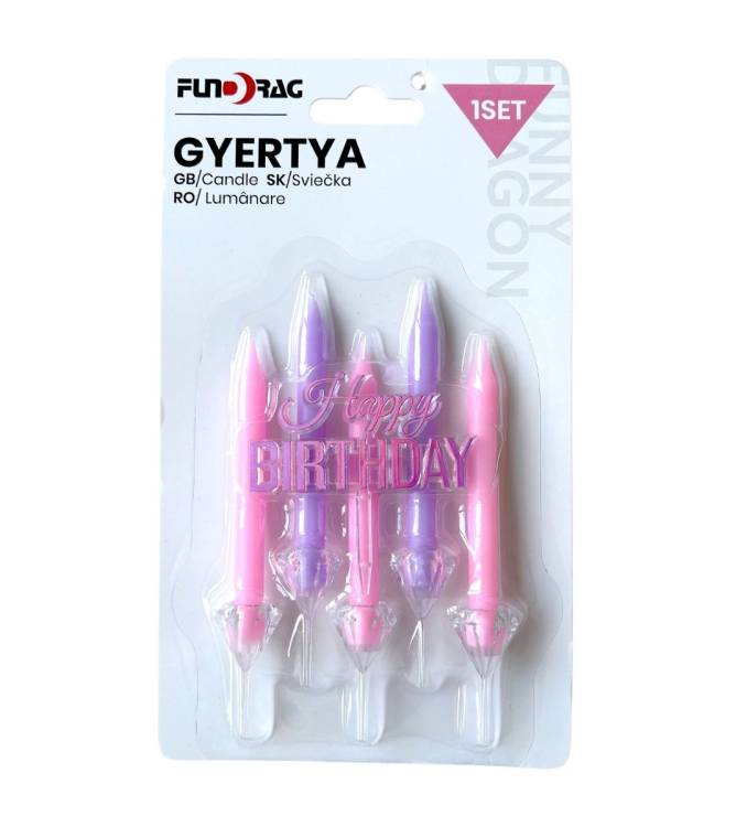 Svíčky růžové a fialové se zápichem do dortu Happy Birthday (6 ks)