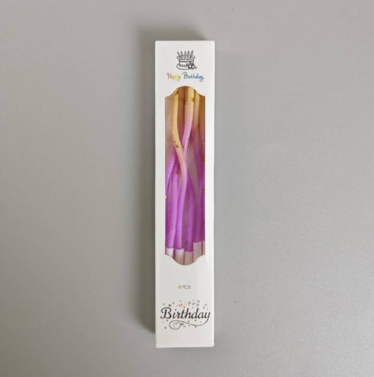 Svíčky spirálové fialovo-žluté se zlatým zdobením (6 ks)