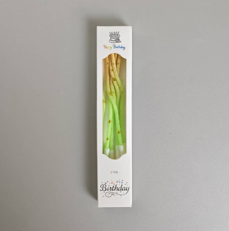 Svíčky spirálové zeleno-žluté se zlatým zdobením (6 ks)