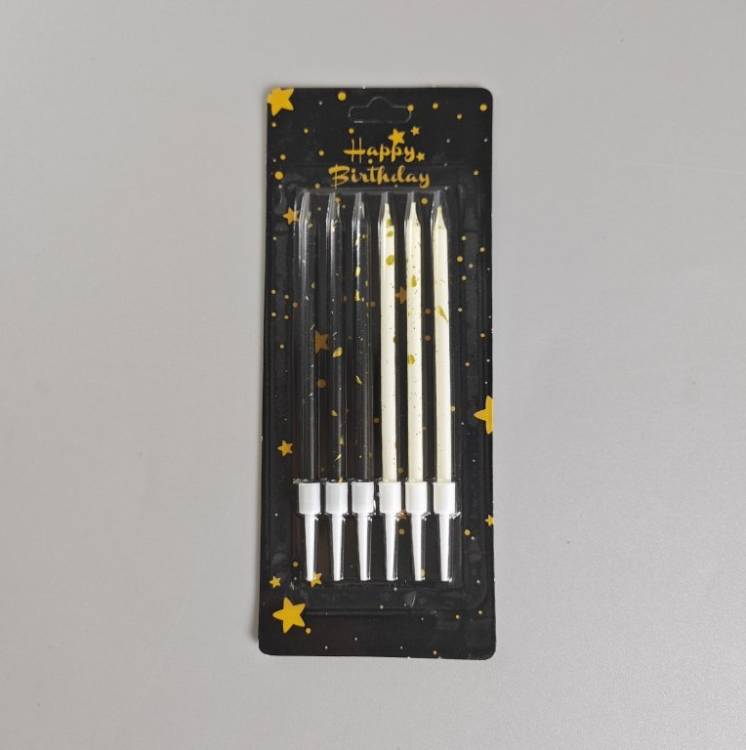 Svíčky Star černé a bílé se zlatým zdobením (6 ks)