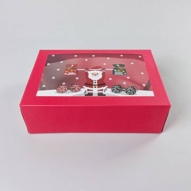 Vánoční dárková krabice červená s okénkem Santa s činkami (22,3 x 15,1 x 7,1 cm)