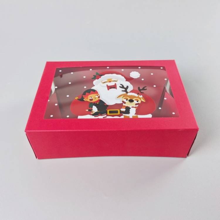 Vánoční dárková krabice červená s okénkem Santa, skřítek a sobík (22,3 x 15,1 x 7,1 cm)