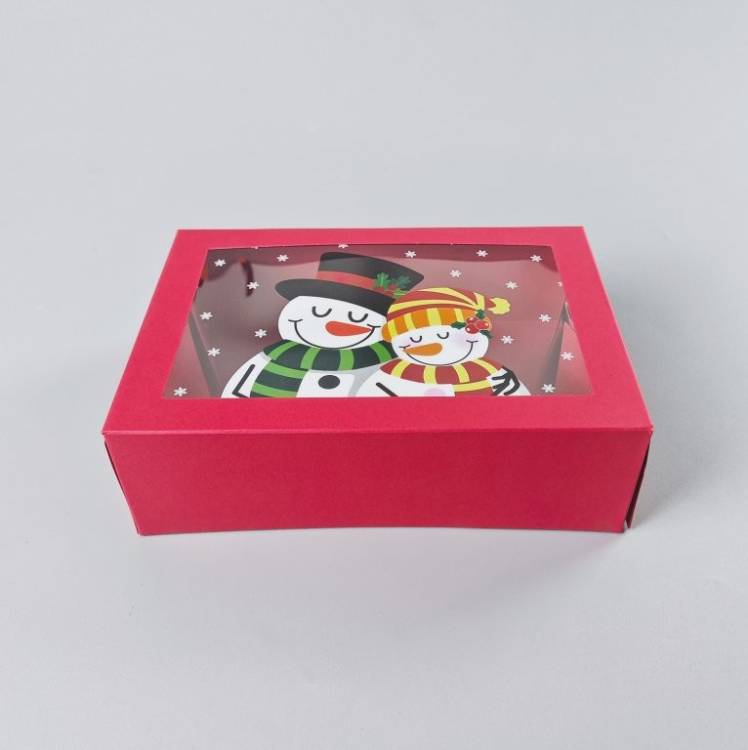 Vánoční dárková krabice červená s okénkem Sněhuláci (22,3 x 15,1 x 7,1 cm)